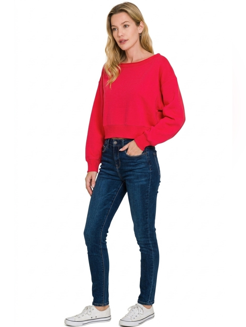 Zenana Fleece Boat-neck Sweatshirt- Ruby Red - Picture 3 of 5